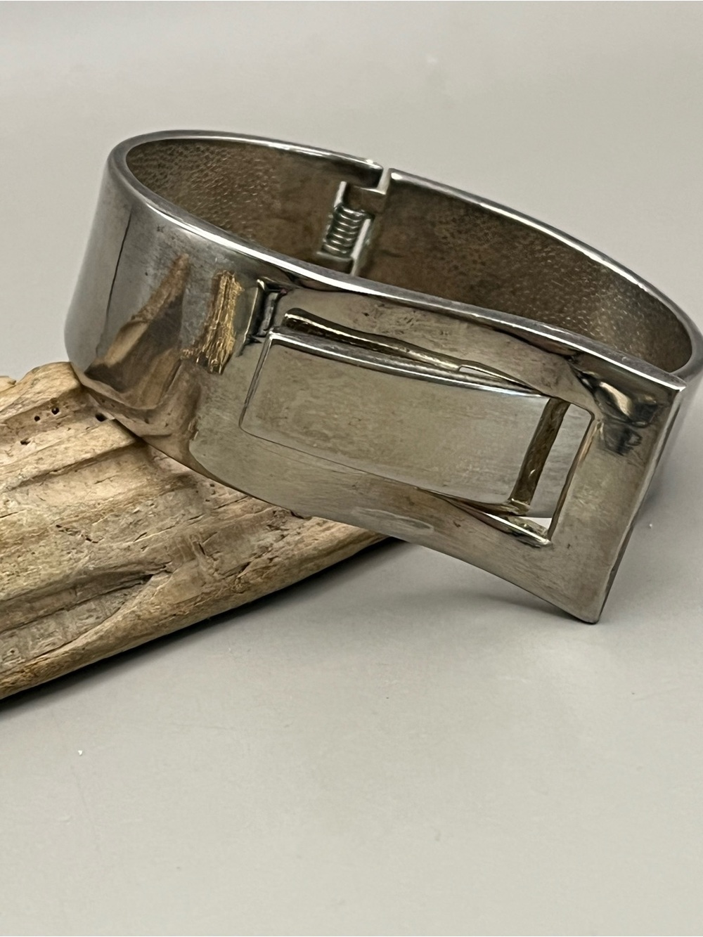 Silver Tone Buckle Bangle Bracelet | Wide Hinged Cuff | Modernist Belt Buckle